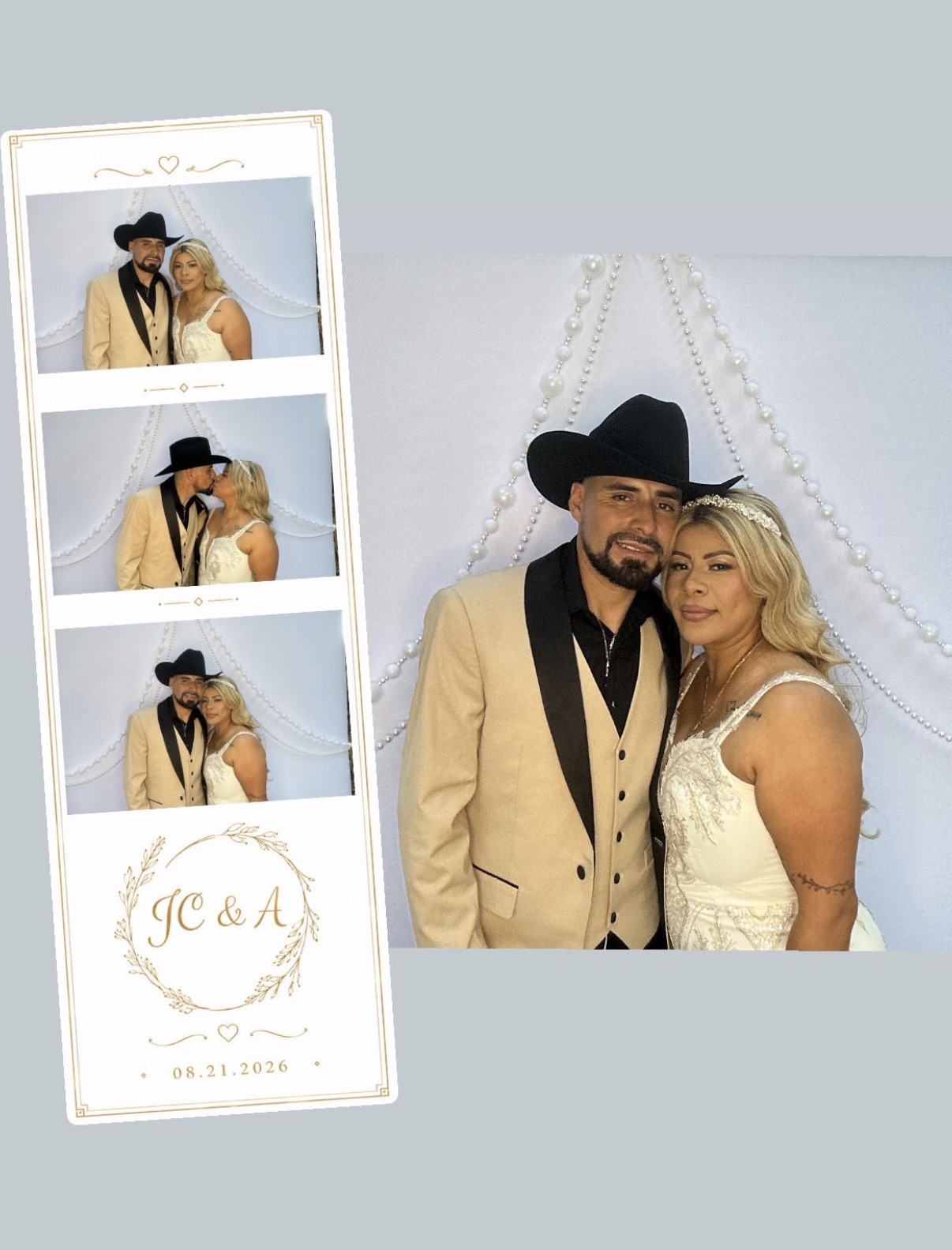 Bride and groom with their custom wedding photo booth strip at a Salem Oregon event