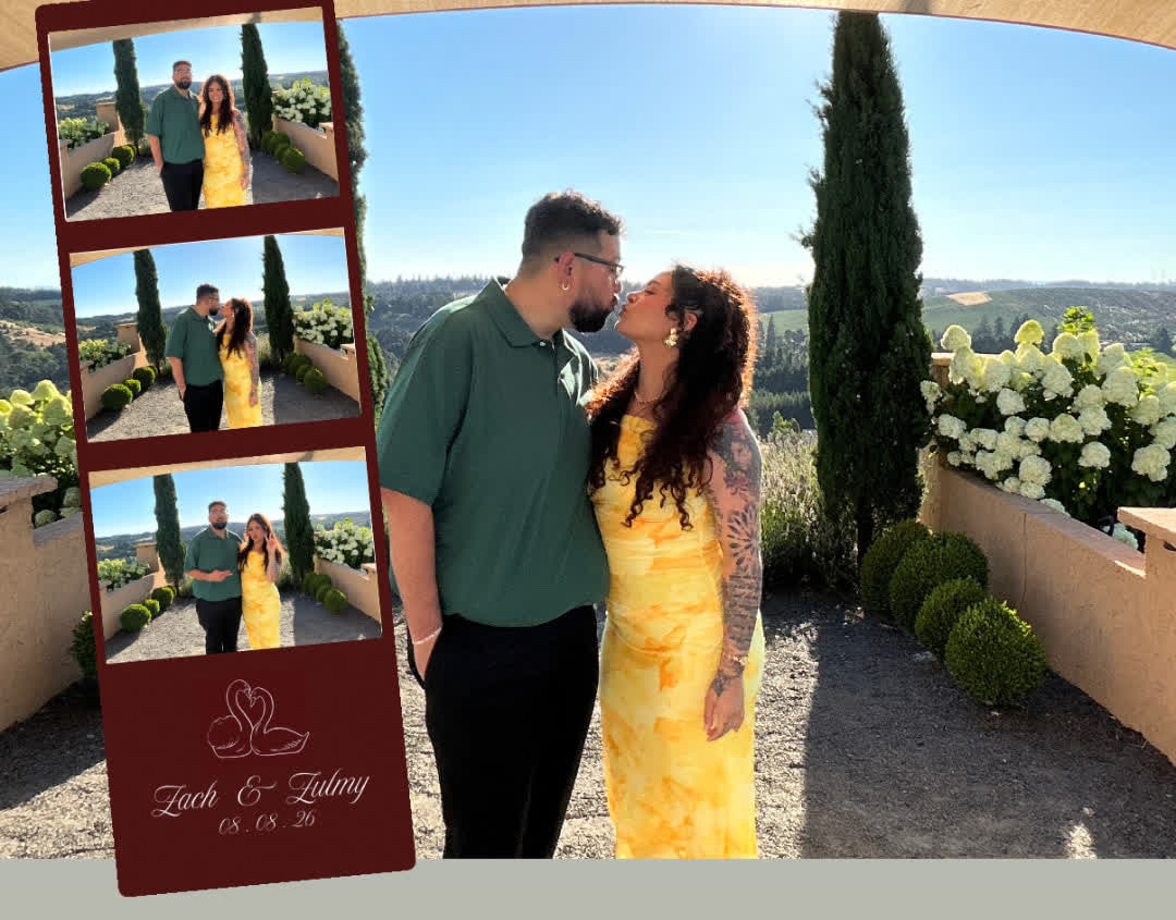 Couple sharing a kiss beside their photo booth print strip