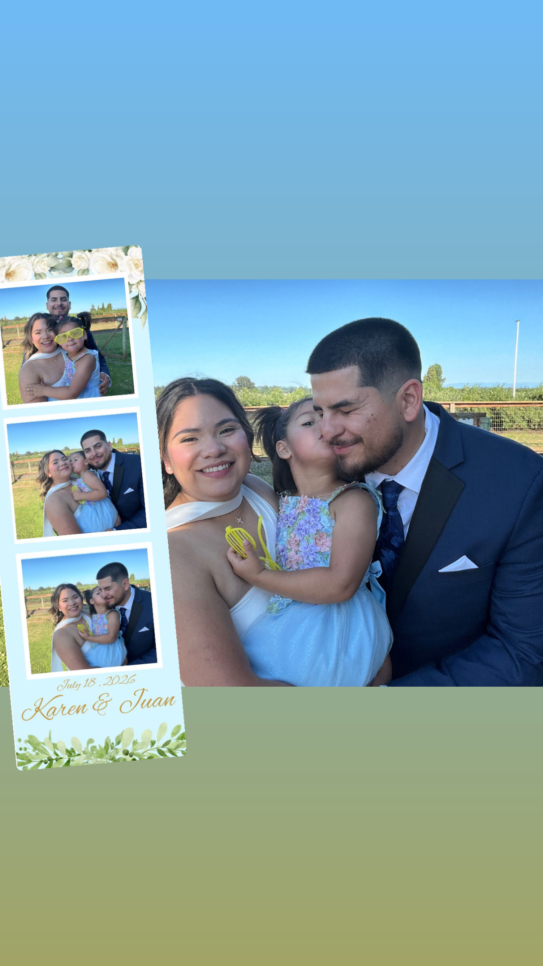Family with flower girl beside their custom wedding photo strip