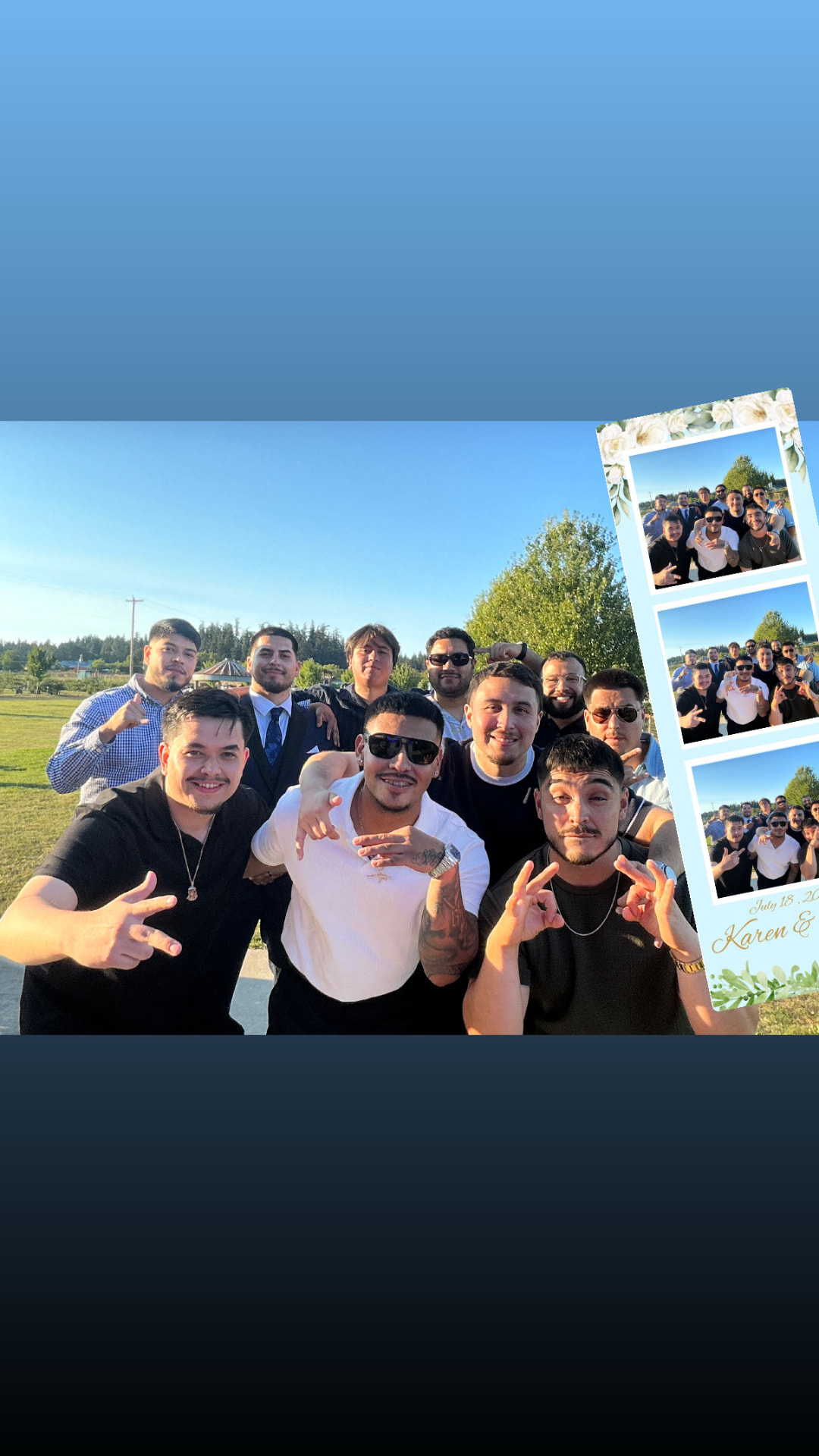 Group of wedding guests celebrating with their photo booth strip