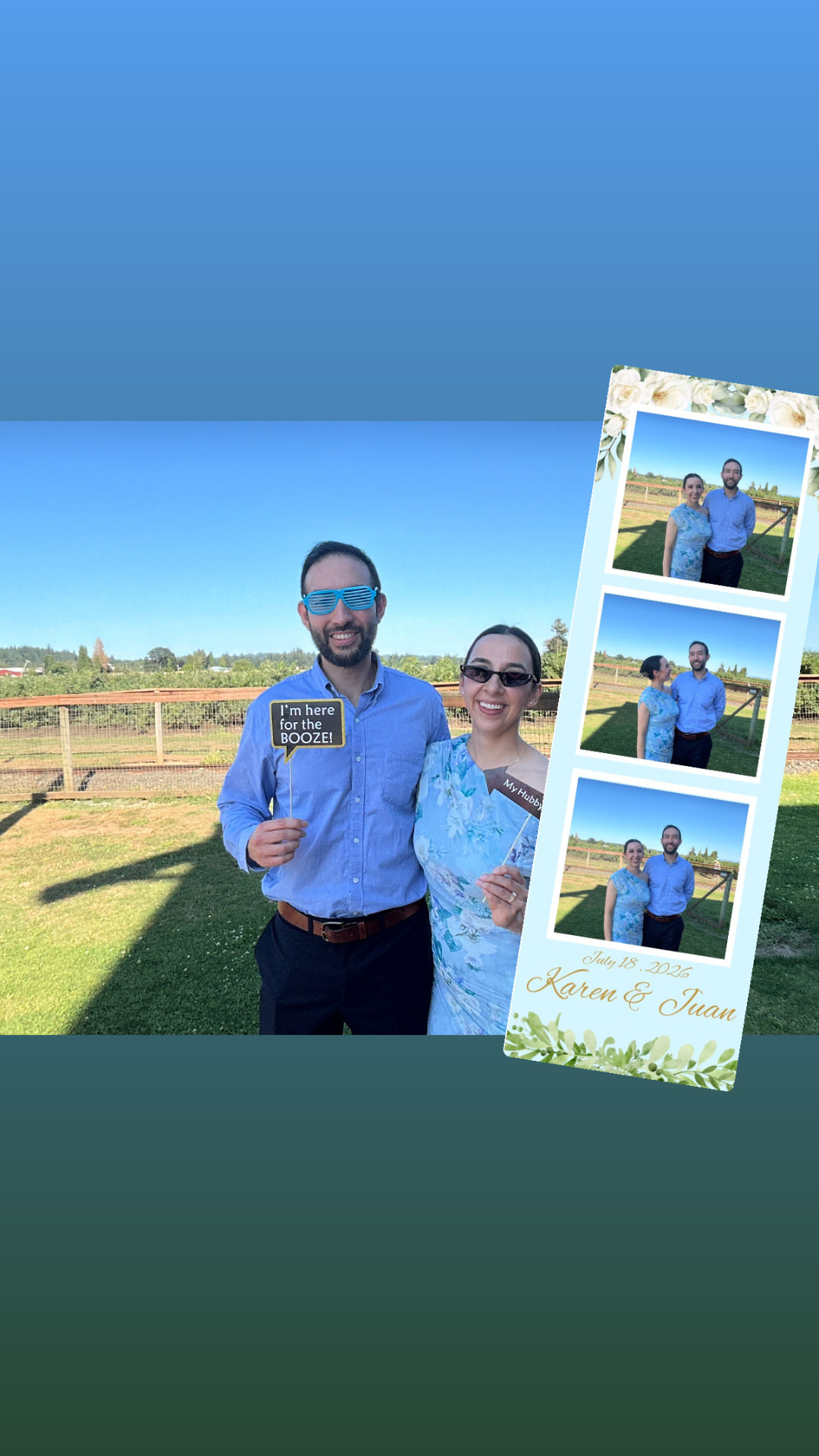 Couple with fun props holding their wedding photo booth strip